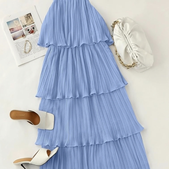 Elegant Baby Blue Pleated Dress - Picture 2 of 3